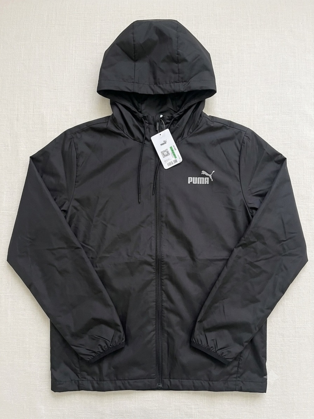 Puma sports Black Hooded Windbreaker Jacket large woven unlined large leather 55